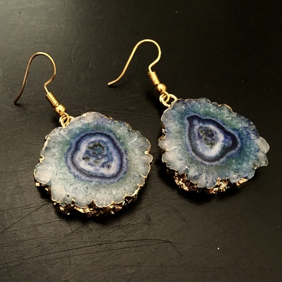 Jewelry - NEW Gold dipped aqua solar quartz slice earrings